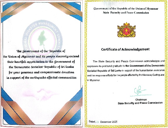 Myanmar honors the countries, including Sri Lanka that assisted after the earthquake